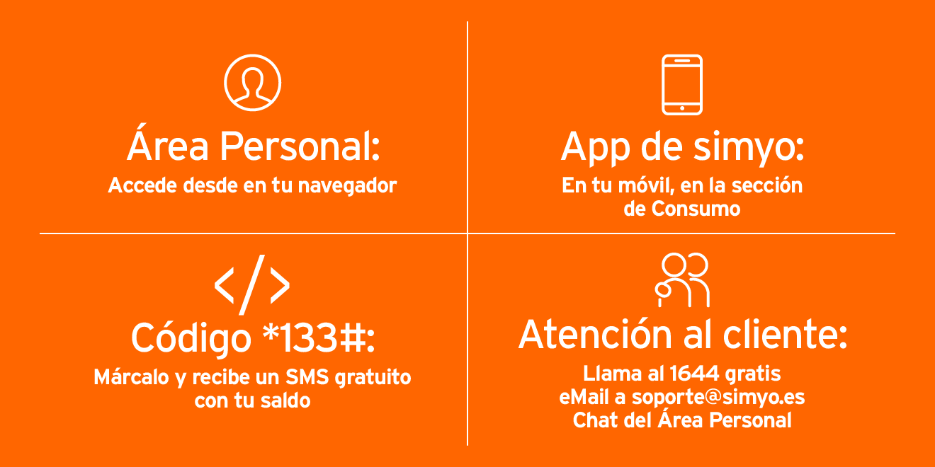 Formas de recargar en simyo: Área personal, App, Codigo 133# y atención al cliente.